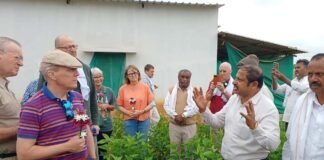 Swiss delegation observing silkworms at Hittalahalli farm with local farmers