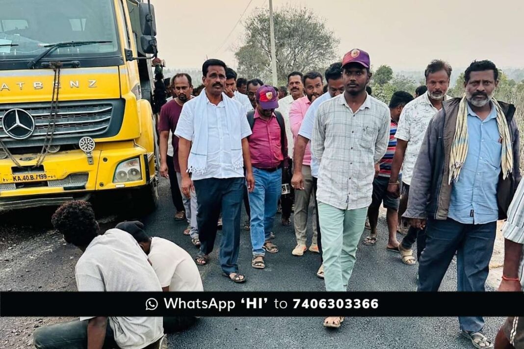 MLA B.N. Ravikumar inspecting the road widening work at Sadali Cross