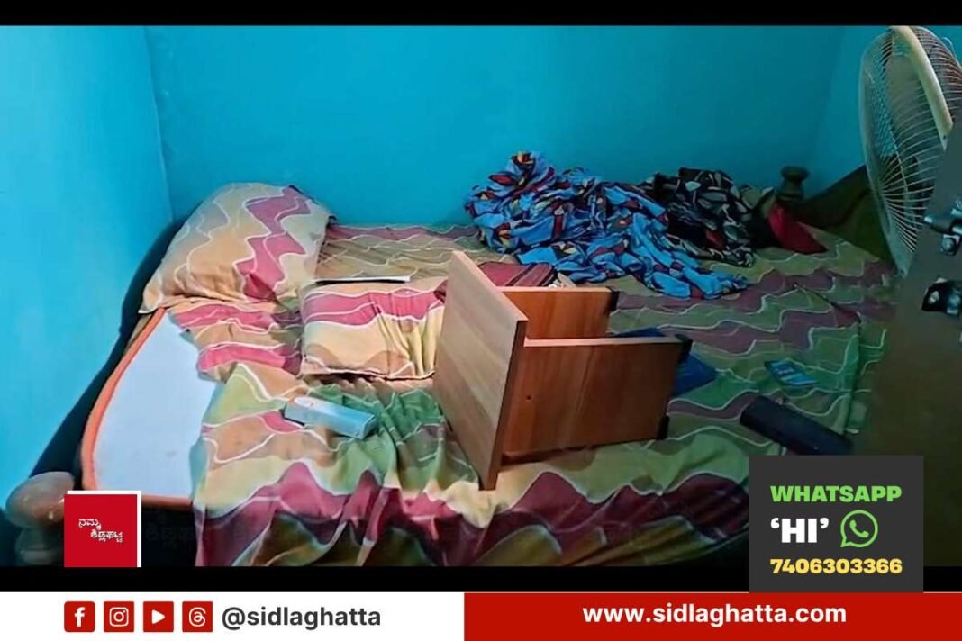 Ransacked bedroom with broken cupboard drawer after a daylight house burglary in Bodagooru village, Sidlaghatta taluk