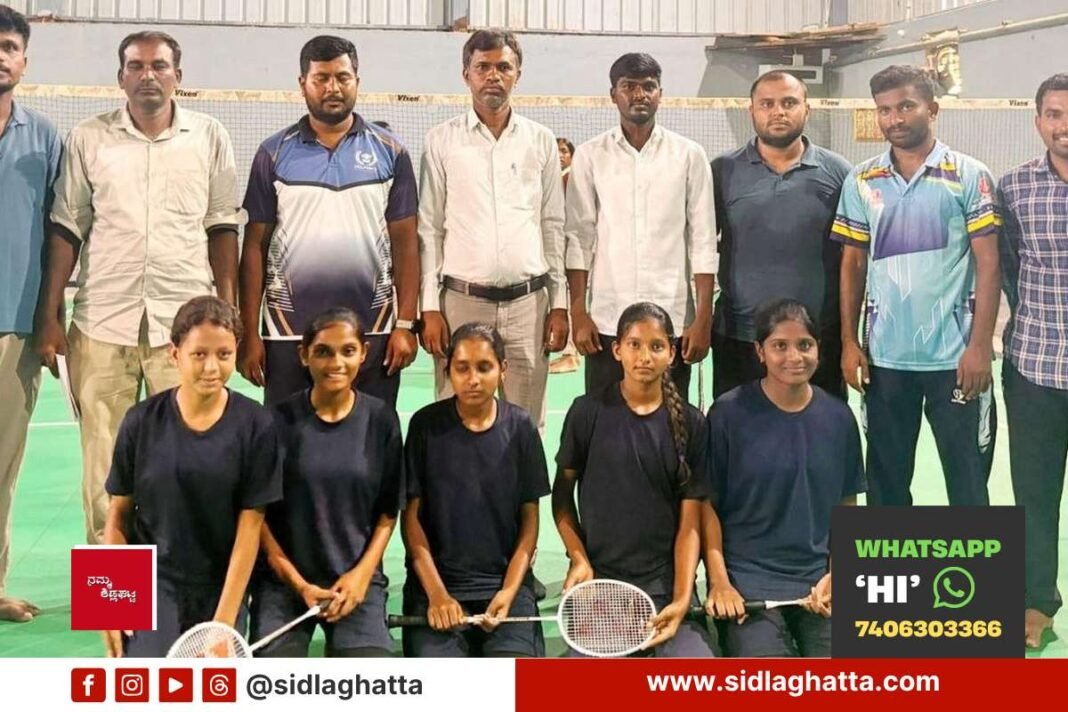 Indira Gandhi Residential School Appegowdanahalli students with badminton rackets after winning the taluk-level shuttle badminton championship