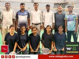 Indira Gandhi Residential School Appegowdanahalli students with badminton rackets after winning the taluk-level shuttle badminton championship