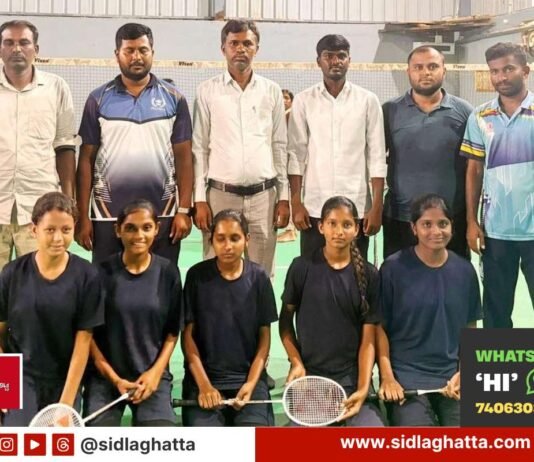 Indira Gandhi Residential School Appegowdanahalli students with badminton rackets after winning the taluk-level shuttle badminton championship