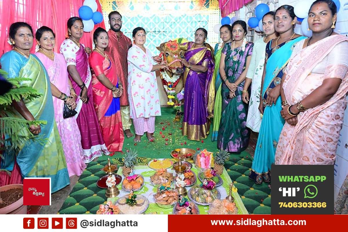 Seethe the cow seemantha baby shower ceremony with women and puja items, Ambiganahalli