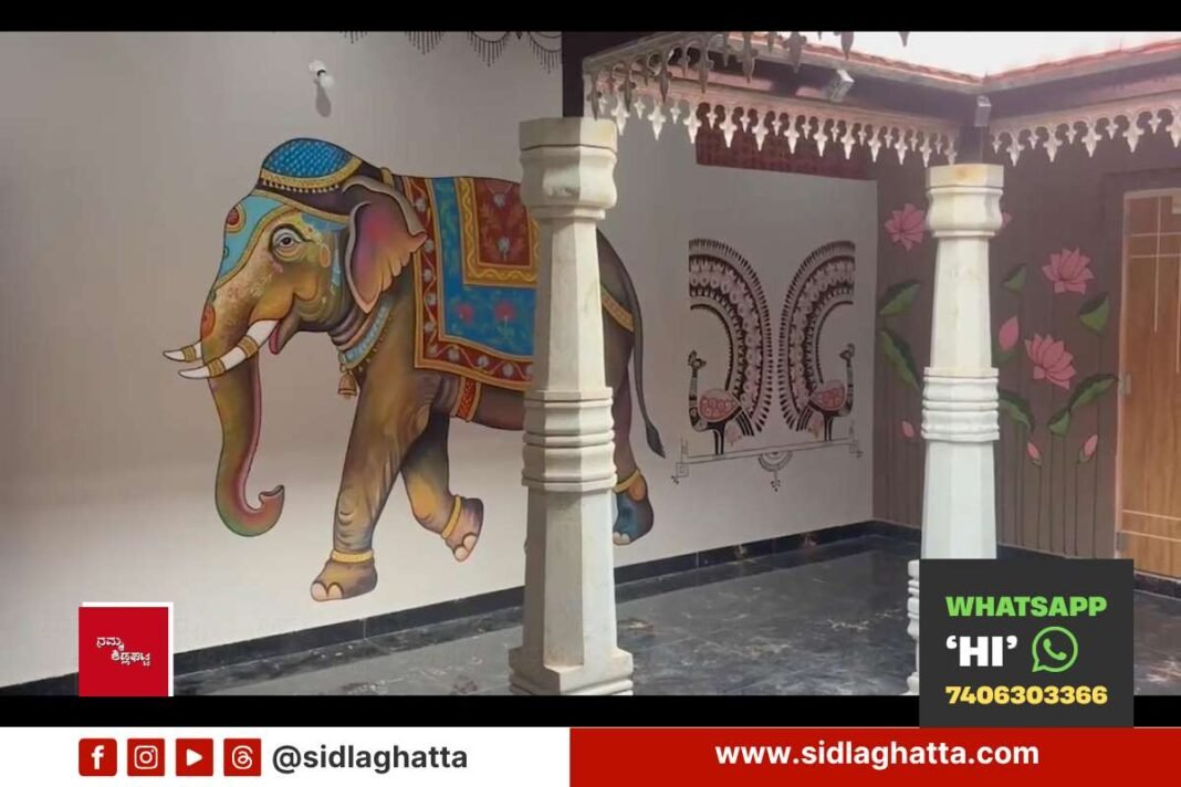 Painted elephant and peacock murals inside the new Bodaguru anganwadi centre, Sidlaghatta taluk