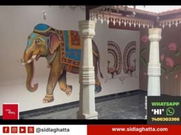 Painted elephant and peacock murals inside the new Bodaguru anganwadi centre, Sidlaghatta taluk