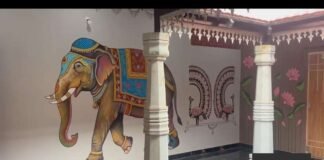 Painted elephant and peacock murals inside the new Bodaguru anganwadi centre, Sidlaghatta taluk