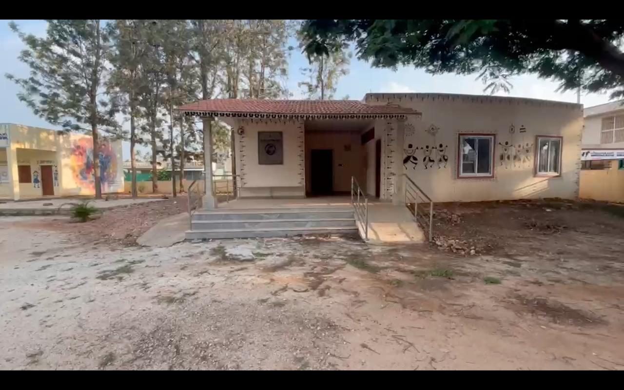 Front view of the newly built Bodaguru anganwadi centre with Warli art, Sidlaghatta taluk