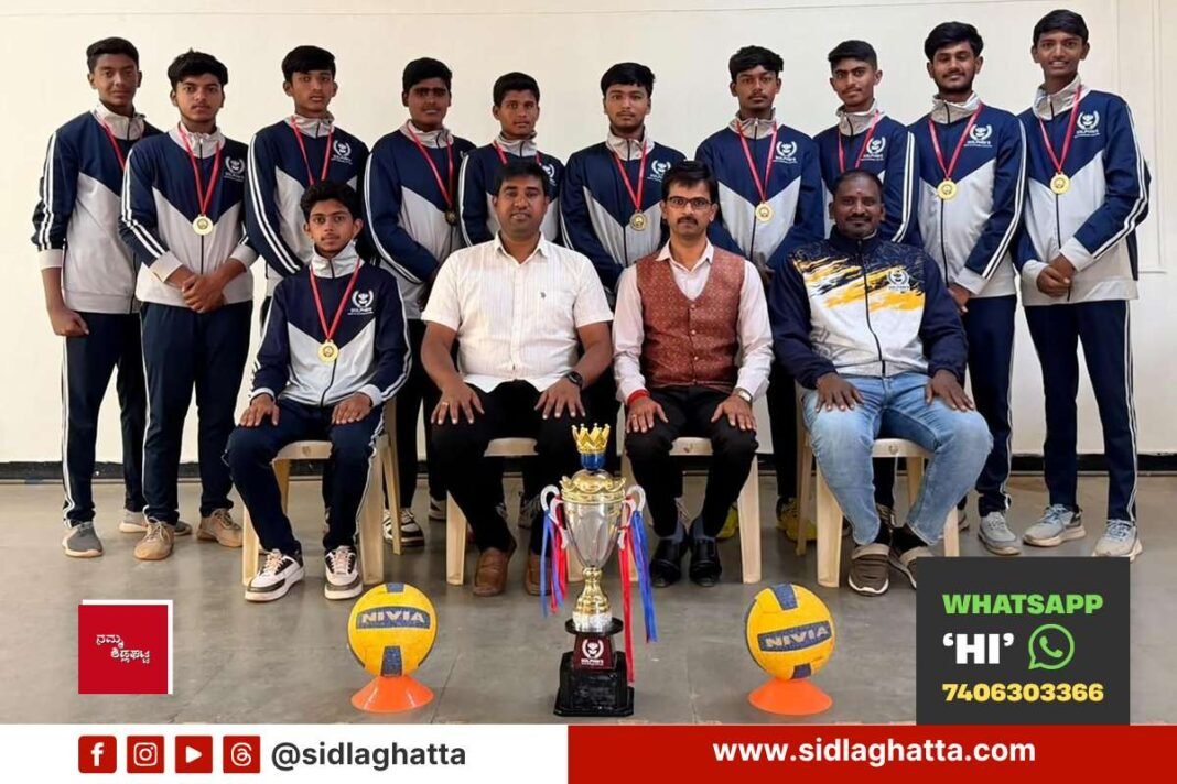 Dolphins PU College volleyball team district champions with trophy and medals, Sidlaghatta
