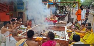 Priests performing Dashasahasra Gana Homa at Sri Dvimukha Ganapati temple, Ashoka Road, Sidlaghatta
