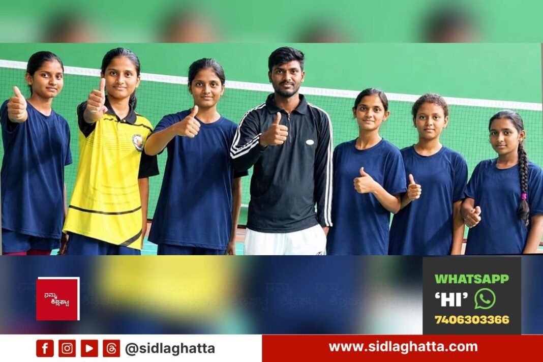Indira Gandhi Residential School girls badminton team, Chikkaballapur district-level winners, with coach