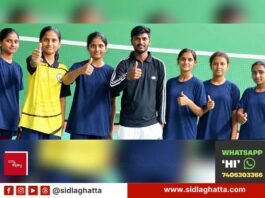 Indira Gandhi Residential School girls badminton team, Chikkaballapur district-level winners, with coach