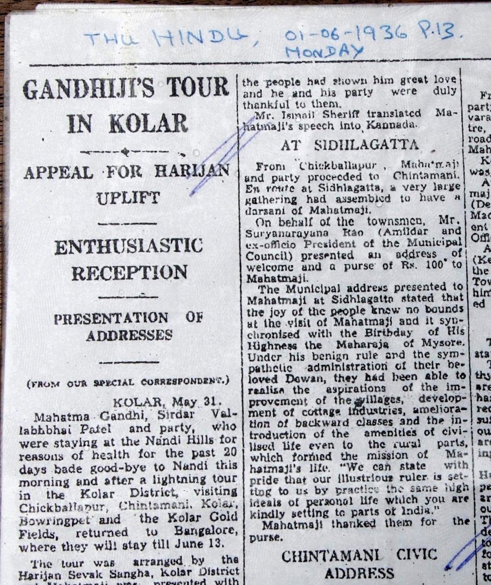 The Hindu 1 June 1936 report Gandhiji Tour in Kolar with section At Sidhlagatta