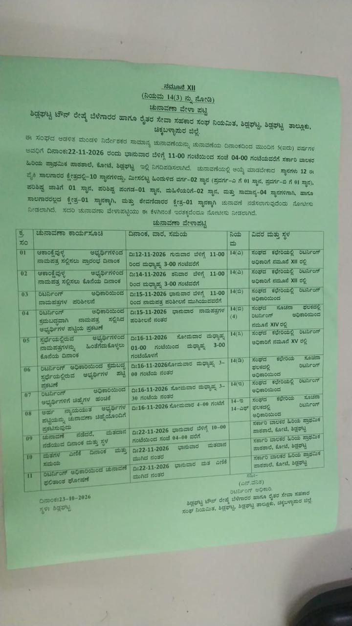 Election schedule for the Sidlaghatta Town Silk Growers and Farmers Service Cooperative Society, 22 November 2026